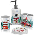 Christmas Bathroom Decor, Christmas Bathroom Accessories Set 4, Snowman Soap Dispenser, Gnome Truck Toothbrush Holder, Merry & Bright Soap Dish