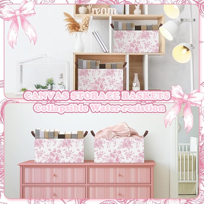 Boao 3 Pcs Pink Floral Foldable Storage Baskets Pink Hydrangea Laundry Basket with Handles Waterproof Storage Bins Fabric Shelf Baskets for Organizing Closet Clothes