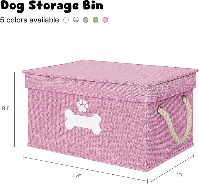 Dog Toy Basket with Lid, Dog Basket for Toys, Dogs Toy Box with Cotton Rope Handles, Collapsible Storage Bins for Pet Toys, Dogs Storage Organizer, Pink