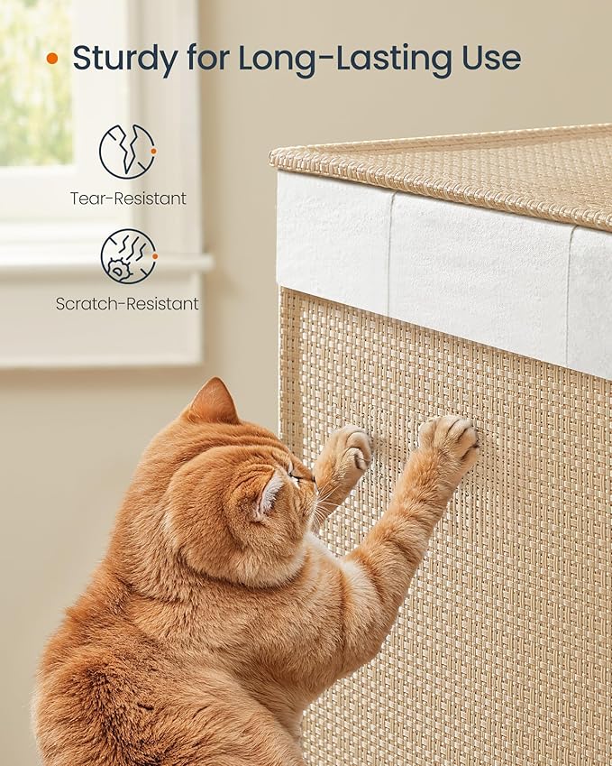 SONGMICS HOME Laundry Hamper with 4 Section, 180 L Large Rolling Laundry Basket with Wheels, Rattan Clothes Basket with Lid, Removable Liner with Handles, Natural Beige and Matte White ULCB603N01