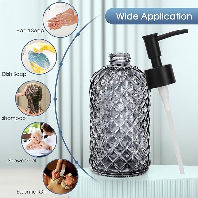 2 Pack Gem Glass Soap Dispenser with Black Plastic Pump, 13oz Liquid Hand Soap Dispenser, Rustproof Pump for Kitchen & Bathroom, Great for Lotions, Essential Oil, Liquid Soaps-Gray
