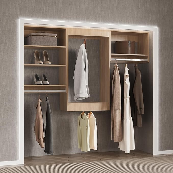 Modular Closet System, 66" Wide Closet Organizer System with Hanging Shelving , Wood Tower Closet Storage for Walk In Closets, Wall Mounted Wardrobe Organizer Kit System, Bedroom, Wood
