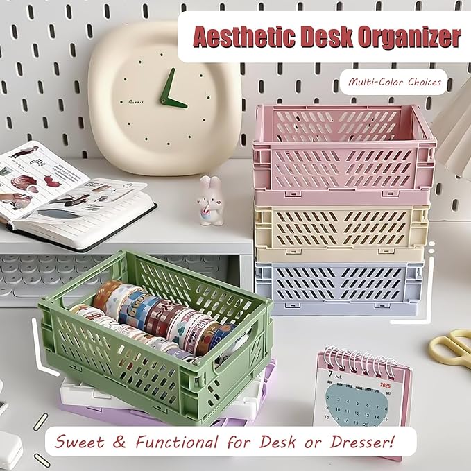 Pastel Plastic Storage Baskets 2 Pack, Collapsible Crates for Organizing, Space-Saving Bins for Kitchen, Office, Bedroom (Purple, Small: 5.8"x 3.8" x 2.2")