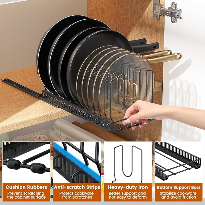 Housolution 2 Pack Pull Out Pot and Pan Organizer for Under Cabinet, Slide Out Pot Lid Organizer with 10 Adjustable Dividers, Sliding Pan Holder Storage Rack Inside Cabinet, Black
