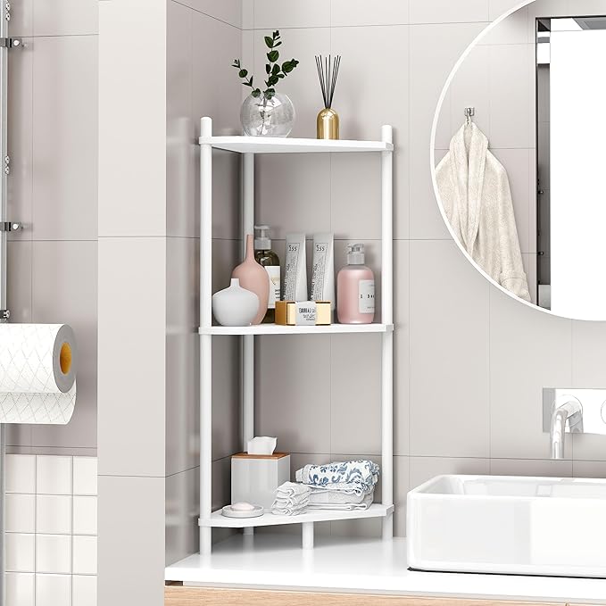 Corner Shelf Stand - 3 Tier Bamboo Small Corner Bookshelf for Office Kitchen Bedroom Plant Stand Living Room Decor Small Space (White，3 Tier)
