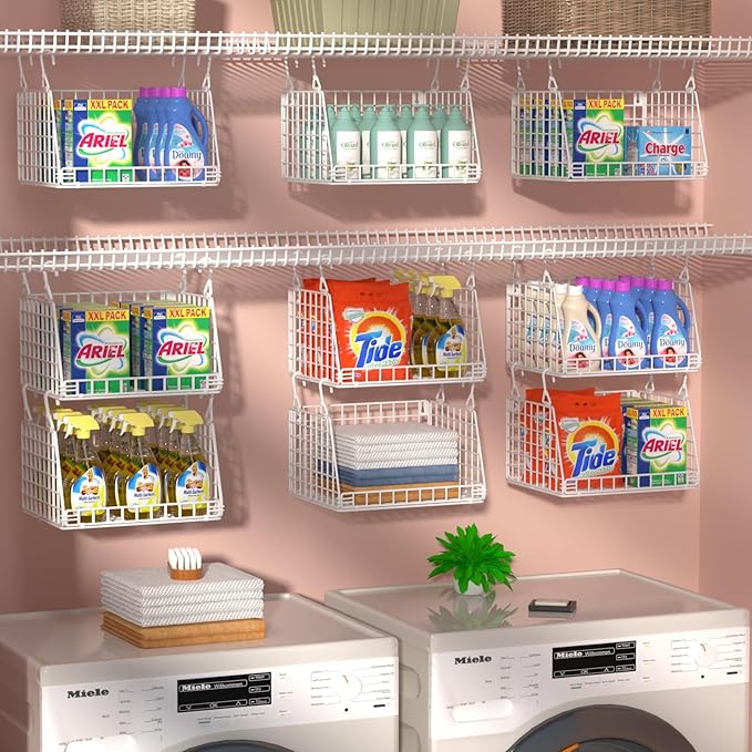 3-Pack Laundry Room Organization and Storage, Hanging Wire Basket for Laundry with 360°Rotating Hooks, Over Washer and Dryer Shelves, Laundry Organizers and Storage Basket, white