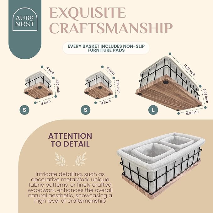 Metal Baskets for Organizing - Set of 3 Black Metal Basket with Liner, Wooden Decorative Baskets for Home Decors, Bathroom Decor & Kitchen Decor, Wooden Wire Basket Storage(1 Large, 2 Small)