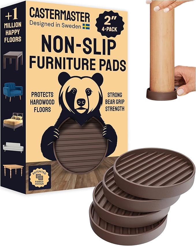 CasterMaster Chair Leg Floor Protectors & Furniture Sliders - 2 Inch, Round Brown, 4 pcs Non Slip Furniture Pads for Hardwood Floors, Noise Reduction Rubber Grippers, Couch Stoppers, Feet Coasters