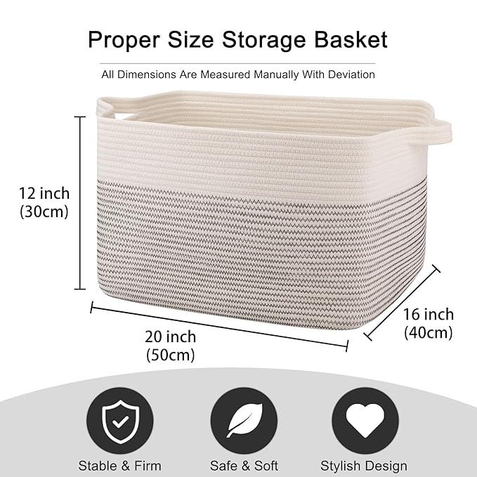 OIAHOMY Large Storage Basket, Cotton Rope Woven Blanket Basket, Toy Bin for Baby Room, Container for Blanket Storage in Living Room, 20''×16''×12'', Black & White