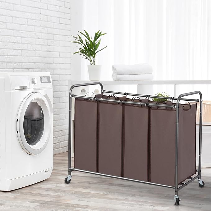 STORAGE MANIAC Laundry Sorter, 4 Section, Laundry Hamper with Wheels, Eco-friendly, Portable, Removable, Waterproof, Brown