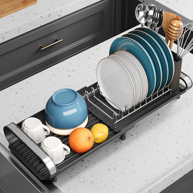 Small Dish Drying Rack, Mini Expandable Compact Dish Rack, Slim Extendable Stainless Steel Dish Drainer for Kitchen Plate Storage, Space Saving Dish Strainer in Sink or on Home Countertop, Black