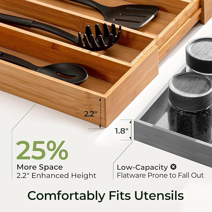 Carbonized Bamboo Kitchen Drawer Organizer, 5 Slots Expandable Silverware Organizer, Utensil Holder & Cutlery Tray, 2.2" Deep for Extra Capacity, Non-Slip Feet Included.