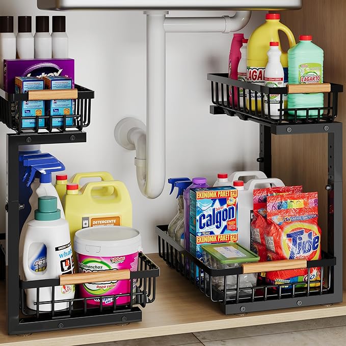 Under Sink Organizer Storage for Families: Pull Out Storage Undersink Organizers Drawer Cabinet - Sliding 2 Tier Rack Metal Organization Under Counter Kitchen Bathroom for Homemakers(Black,2 Pack)
