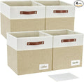 13x15x13 Storage Cube Bins, Foldable Storage Organizer Baskets, Fabric Cube Storage Boxes with 2 Reinforced PU Handles for Kallax, Shelves, Living Room | 4 Pack, Beige & White