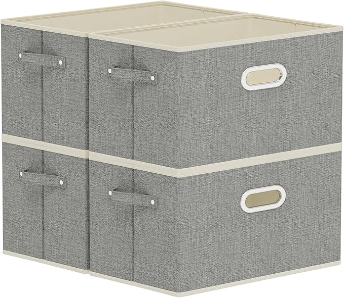 Fabric Open Storage Bins with Metal Handles, Collapsible Organizer Baskets, Foldable Cube Boxes for Shelves, Closet, Living Room, 15x9.8x9.8in, Grey, 4 Pack