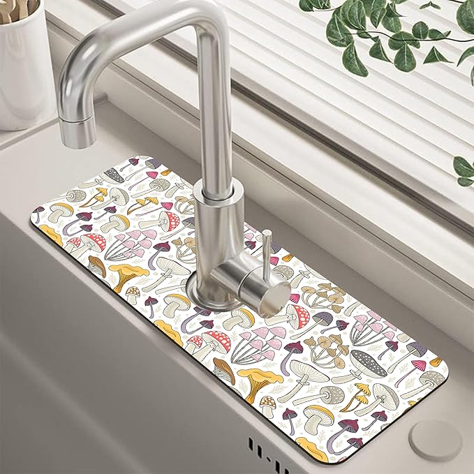 Kitchen Sink Splash Guard Faucet Mat Super Absorbent Fast Drying Mat Guard Behind Faucet Drip Catcher for Kitchen Bathroom (Colorful Mushrooms, 23.5"X5.5")