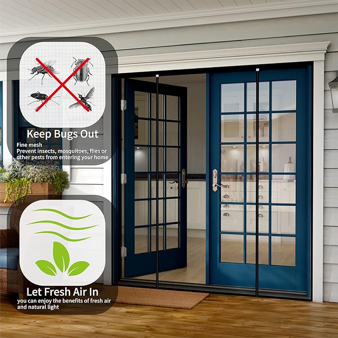 Double Door Mesh Screen Magnetic Closure Heavy Duty for Sliding Door 72" x 96" Extra Long Magnet Bug Screens for French Doors, Self Closing Fiberglass Mosquito Net for Doorway, Keep Bugs Out