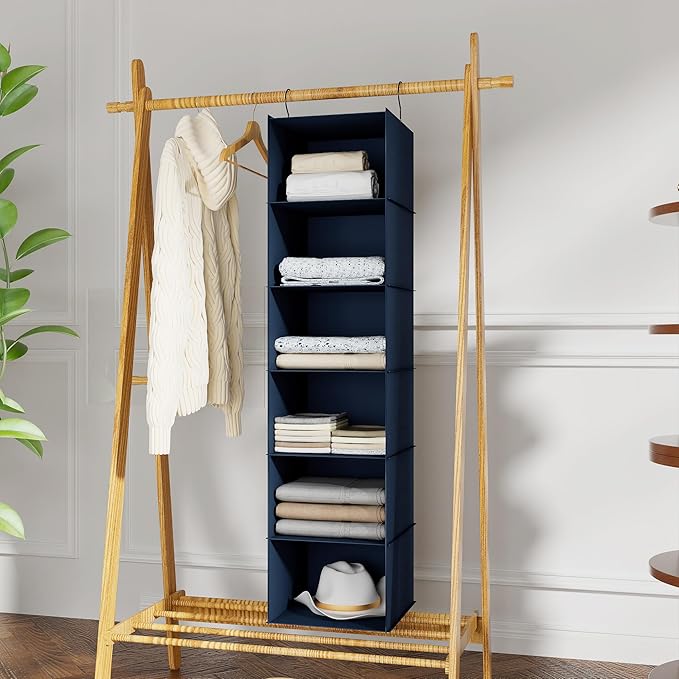 Hanging Closet Organizer and Storage 6-Shelf, Easy Mount Foldable Hanging Closet Wardrobe Shelves, Clothes Handbag Shoes Accessories Storage, Washable Oxford Cloth Fabric, Navy Blue