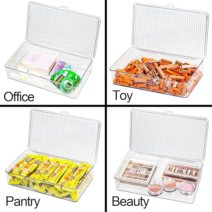 Clear Plastic Storage Bin with Lid, Organizer for Pantry, Office, Bathroom, Kitchen, Snack, Tea Bag, Coffee Container (Small)