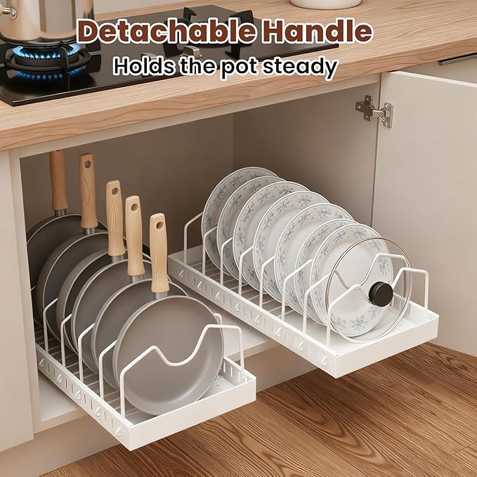 2 Pcs Pots and Pans Organizer Under Cabinet - Expandable Pull Out Cabinet Organizer for Pots and Pans, Pan and Lid Organizers Inside Cabinet, Adjustable Storage Rack (WHITE)
