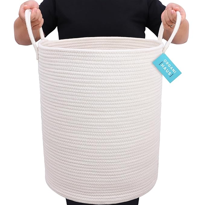 OrganiHaus Large Off-White Woven Laundry Basket w/Handles 52L, Rope Dirty Clothes Hamper, Blanket Basket for Living Room, Baby Laundry Hamper for Nursery, Soft & Durable Decorative Organizer Bin