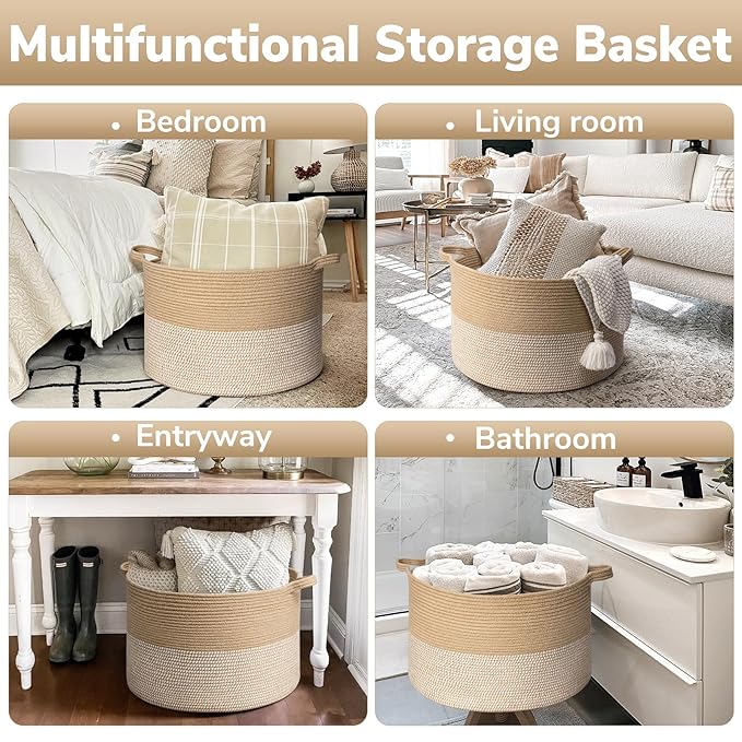 Goodpick Large Woven Storage Basket 21.7x13.8 Inch, White & Jute Laundry Hamper with Handles for Clothes, Blankets, Pillows, Blanket Basket for Living Room, Bedroom