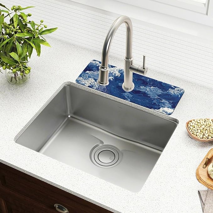 Kitchen Sink Splash Guard 2 PCS 30 Inch Sink Faucet Mat Splash Guard for Bathroom Countertop Water Absorbent Foldable Cuttable Soft Washable Blue Ocean Waves