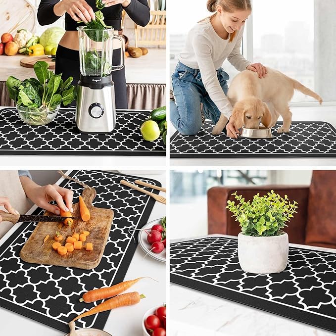 WISELIFE Dish Drying Mat Super Absorbent Drying Mat Large Dish Drying Mats for Kitchen Counter Easy Clean Dish Mat Kitchen Drying Mat18"x 36" Stylish Black
