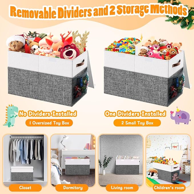 Large Toy Storage Box with Lid Divider, Sturdy Collapsible Toys Organizer Chest Kids Storage Bins Boxes Baskets for Boys, Girls, Nursery, Bedroom, Living Room, Playroom, 25"x13"x16", Gray and White
