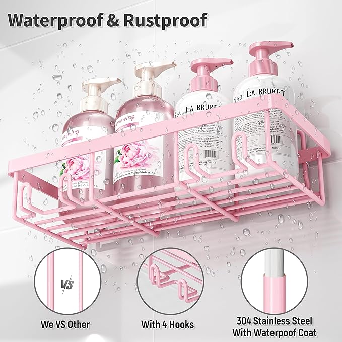 10 Pack Shower Caddy Organizer Rack Shelf for Inside Shower, Self Adhesive Wall Storage Basket Rustproof Stainless Steel Shampoo Holder Bathroom Accessory Decor Set, Pink