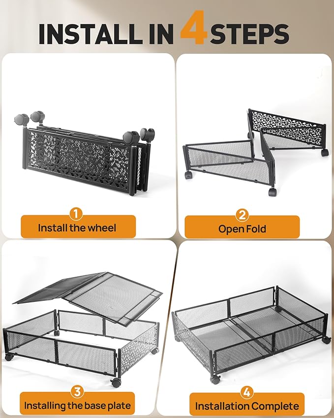 Under Bed Storage with Wheels, Foldable Pattern Carved Metal Under Bed Storage Containers, 60L Rolling Underbed Storage, Easy Assembly Under The Bed Storage for Shoes, Clothes, Blankets...