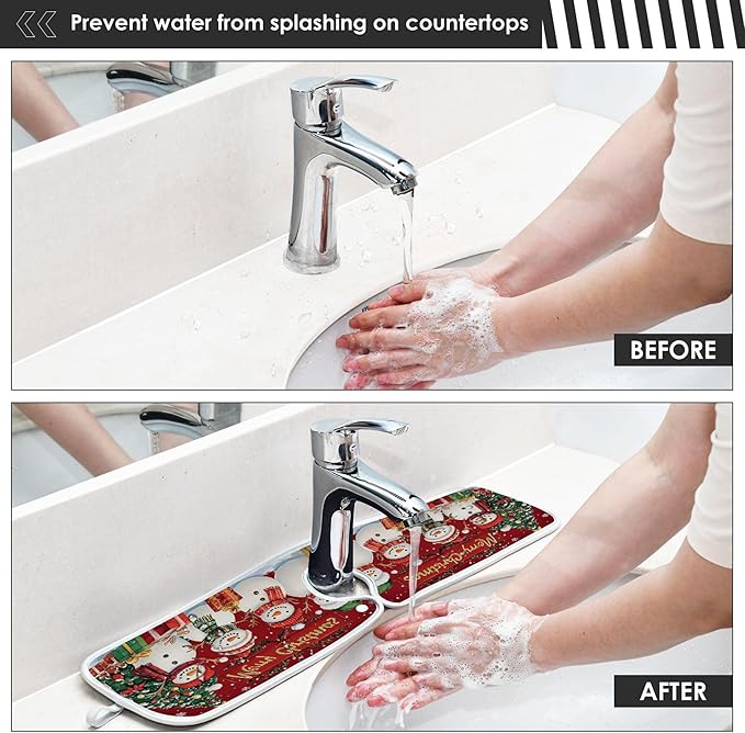 2 Pack Faucet Splash Catcher Christmas Snowman Sink Mat for Faucet Absorbent Kitchen Splash Guard Drip Catcher for Farmhouse Barthroom Bar, M