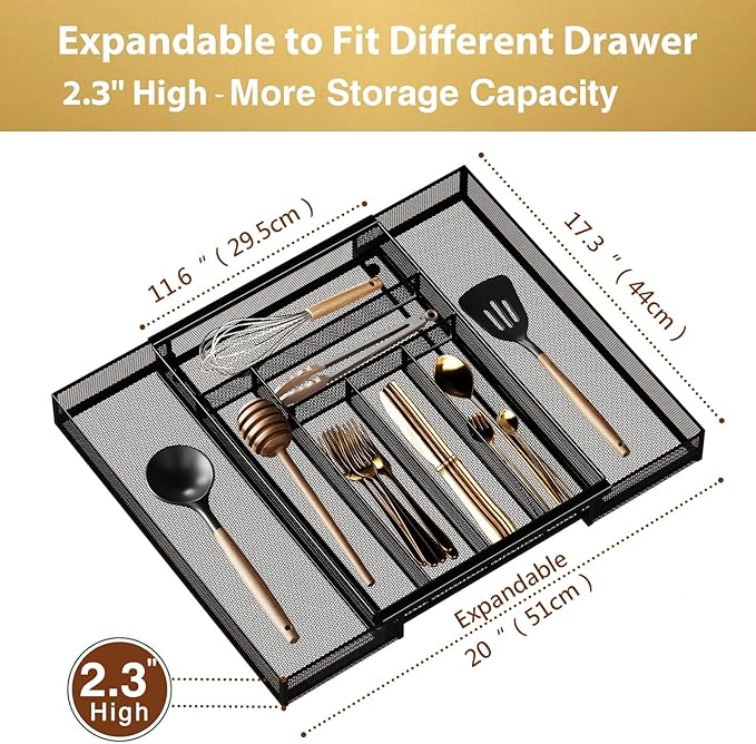 Silverware Organizer Metal Mesh, Large Drawer Organizer, Utensil Cutlery Tray for kitchen drawers, Expandable Flatware Organizer with 8 Compartment Black 11.6"~20" x 17.3"
