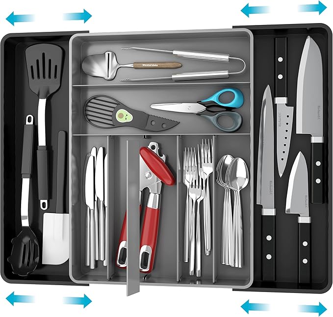 Simple Houseware Expandable Kitchen Drawer Flatware Organizer, Black/Gray