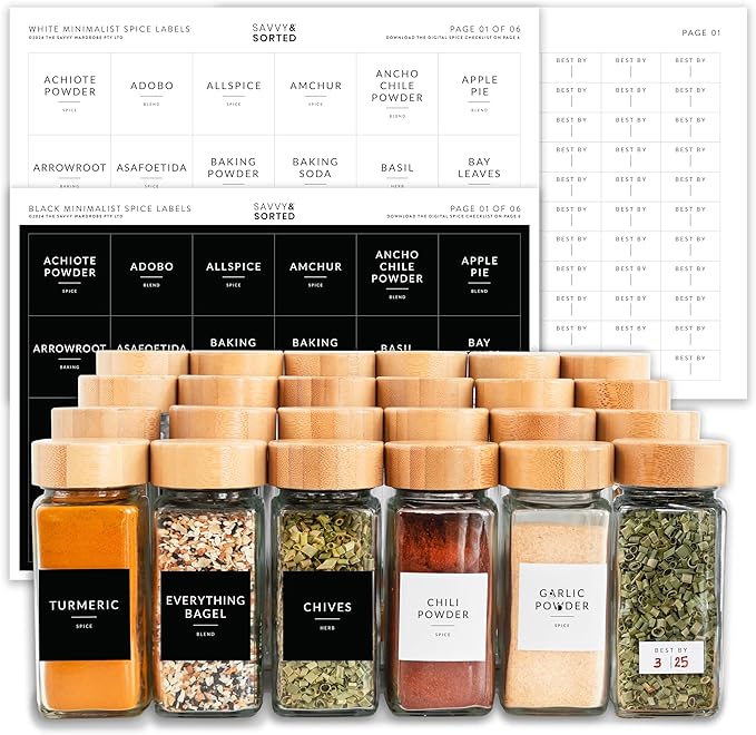 SAVVY & SORTED Square Spice Labels, 374 Preprinted Organizing Waterproof Stickers Designed for Spices Storage Glass Jars Bottles for Herbs Seasonings, Kitchen Pantry Organization