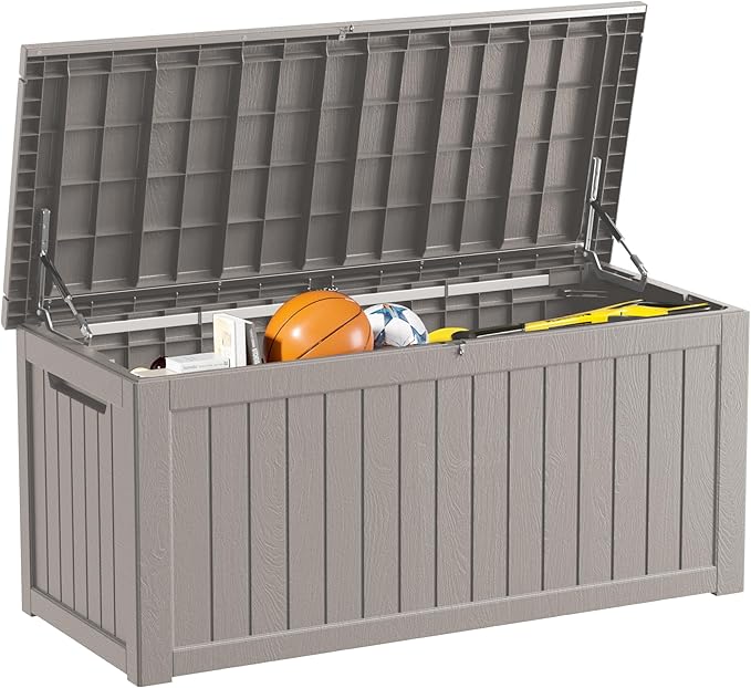 Outdoor Storage Box Waterproof, 270 Gallon Lockable Resin Deck Box Large, Patio Storage Bin for Pool Accessories Cushion Furniture, Garden Tools, UV-Resistant Outside Delivery Grey