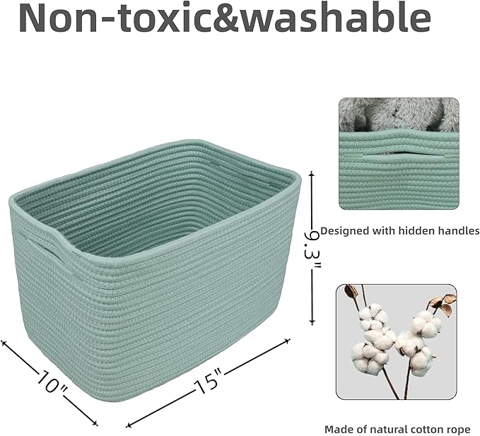 Cotton Rope storage Basket Bins Woven Basket for Organizing Shelves 15X10X9.3" Rectangle Decorative Baskets For storage Clothes Toys Books Towels Nursery basket organizer 3 pack Green