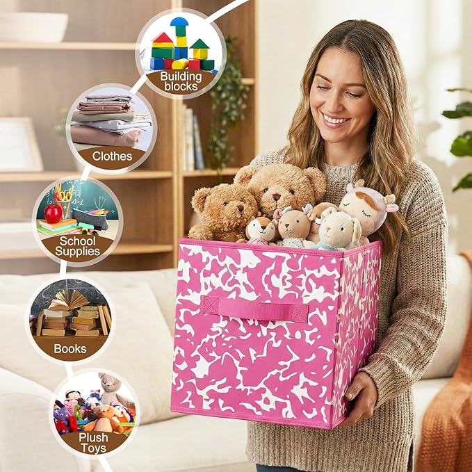 LemonRoad 6 Fabric Storage Cubes 11 Inch Foldable Marble Storage Bins for Organizing Pantry, Toy Box, Clothes Closet Collapsible Baskets for Shelves School Organizing with Handle(Pink, Classic Style)
