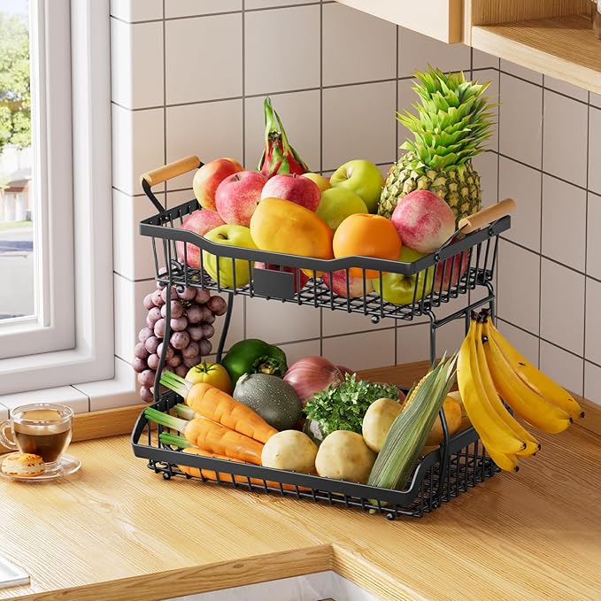 Simple Trending Fruit Basket 2-Tier Detachable, with Banana Hangers & Rust-Proof Metal Mesh, Ventilated Kitchen Organizer for Countertop, Perfect for Fruits, Vegetables, Snacks Storage