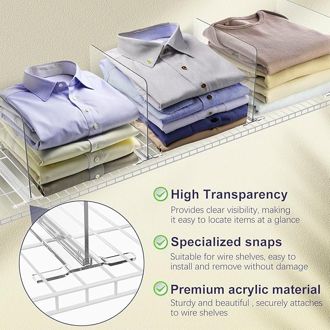 12 Pack Shelf Dividers for Wire Shelves,Acrylic Clear Closet Organizers and Storage for Sweater,Shirts,Bookshelf Handbags Separators Dividers for Closet Organization in Bedroom/Kitchen/Office/Pantry
