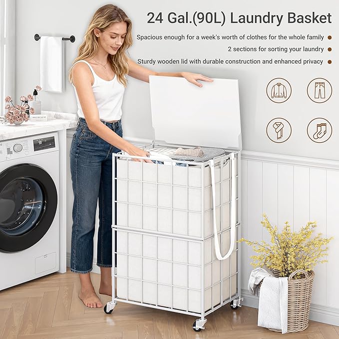90L Laundry Basket with Wheels, Large Capacity Laundry Hamper with Removable Liner Bags, Heavy Duty Laundry Sorter with Solid Wood Lid & Leather Handles (White) TLH001W01