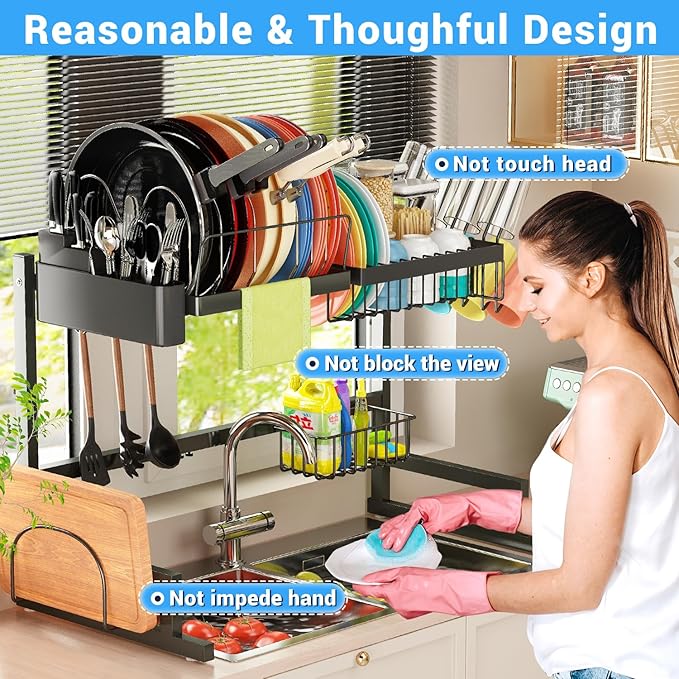 ADBIU 【Fit Sink 24"- 35.6" L 2024 Over The Sink Drying Rack (Expandable Dimension) Snap-On Design 2 Tier Large Dish Rack Kitchen Count Organization and Storage