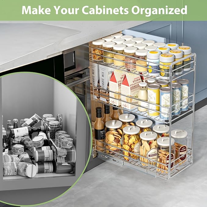 Pull Out Spice Rack Cabinet Organizer 8½" W x 20½" D, 3 Tier Heavy Duty Sliding Spice Cabinet Organization for Narrow Cabinet, Pull Out Shelves for Kitchen