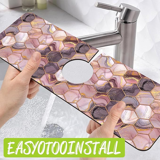 Sink Faucet Absorbing Mat Gold Pink Hexagon Texture Sink Splash Guard Drying Mat for Kitchen Bathroom Faucet Sinkmat 15.5"X5.5"