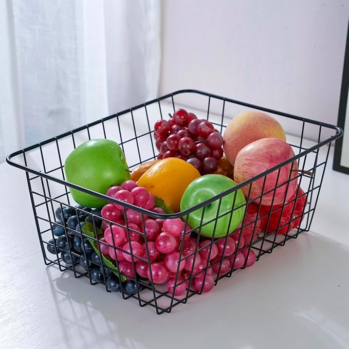 【Extra Large】Wire Kitchen Storage Basket 4 Packs,Perfect Pantry Organization Accessories Baskets,Laundry,Suitable for Countertop, Kitchen, Bedroom, Bathroom,Black
