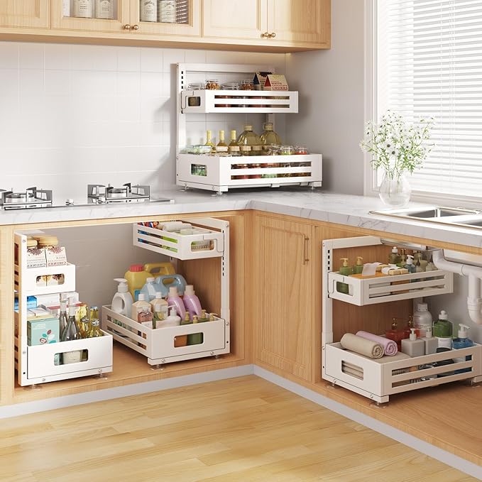 1 Pack Under Sink Organizer,Pull Out Cabinet Organizer with Smooth Cylindrical Rail,Metal Slide Out Drawer for Kitchen Bathroom Laundry Cabinet,8-Level Tool Free Height Adjustable-White
