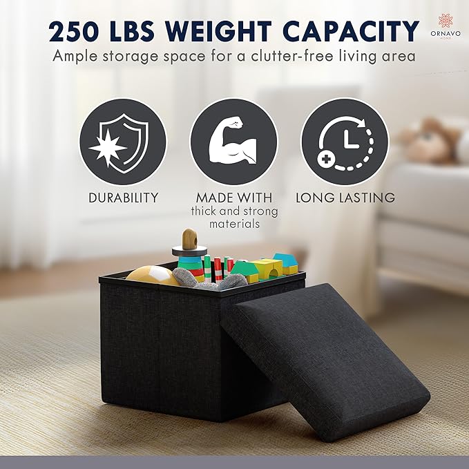 Ornavo Home Small Storage Ottoman Foldable Collapsible Cube Square Linen Ottoman Foot Rest Stool Seat, for Living Room, Bedroom, Home Office, Dorm - 12 x 12 x 12, Black