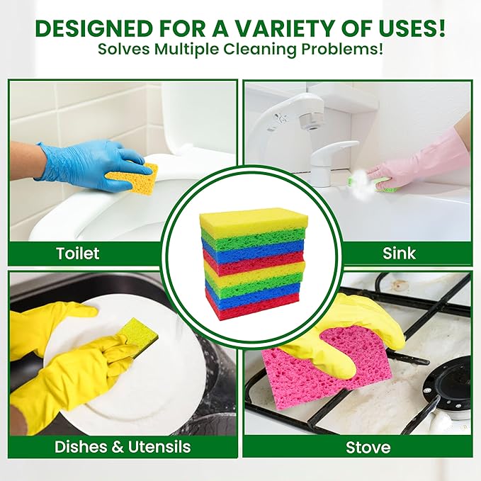 Cellulose Sponges – 24-Pack Multicolored Compressed Natural for Kitchen – Plant-Based, Biodegradable, Non-Scratch, Quick-Dry, Super-Absorbent for Dishes & Surfaces