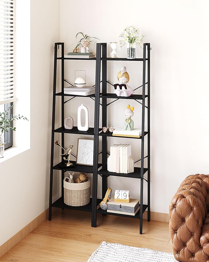 Ladder Shelf, Bookshelf Bookcase, Freestanding Corner Storage Shelve with 2 Hooks for Home Office, Living Room, Kitchen, Bedroom, Industrial, 11.8" D x 17.3" W x 63" H, Black BC19204B