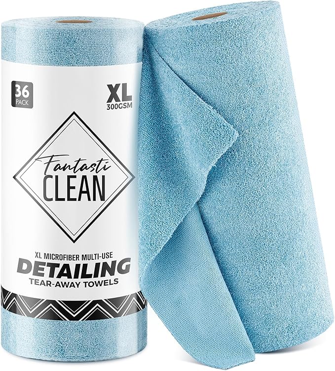 Fantasticlean XL Tear-Away Microfiber Cleaning Cloth Roll, 16'' by 16''- 36 Sheets, Thick & Large Detailing Towels, Ultra Absorbent, Lint-Free Reusable Wipes for All-Around Cleaning (Glossy Blue)